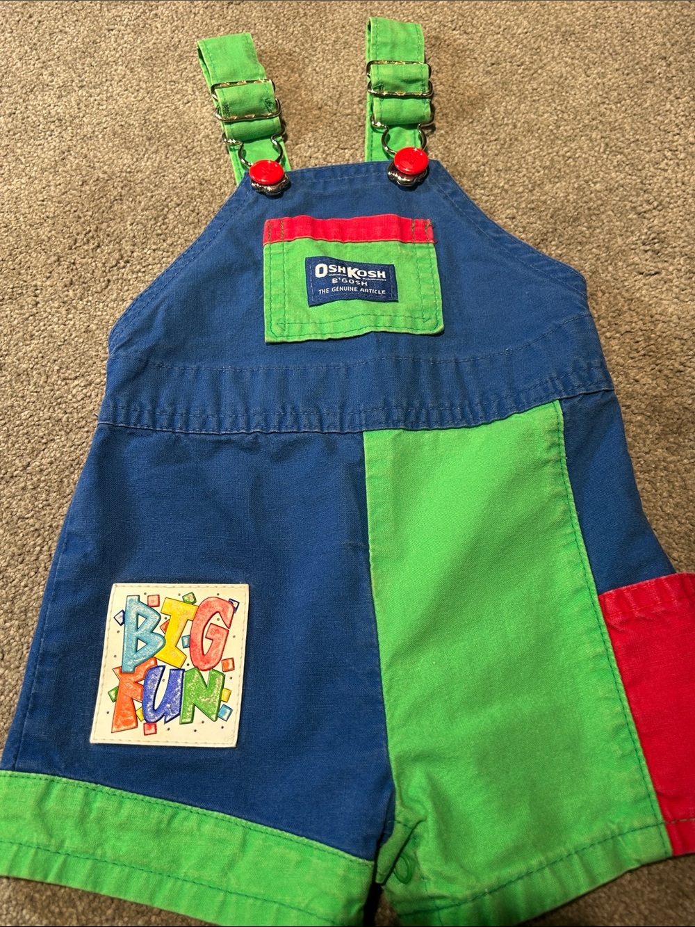 Vintage OshKosh B'gosh Blue, Green & Red Colorblock Kids Shortalls - Picture 2 of 6